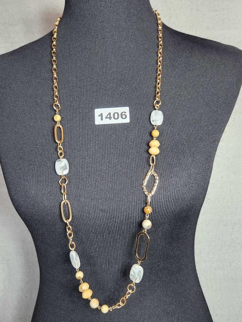 Gold-Tone 36" Long Necklace with Tan Beads and Clear And Hammered Accents - Picture 3 of 7